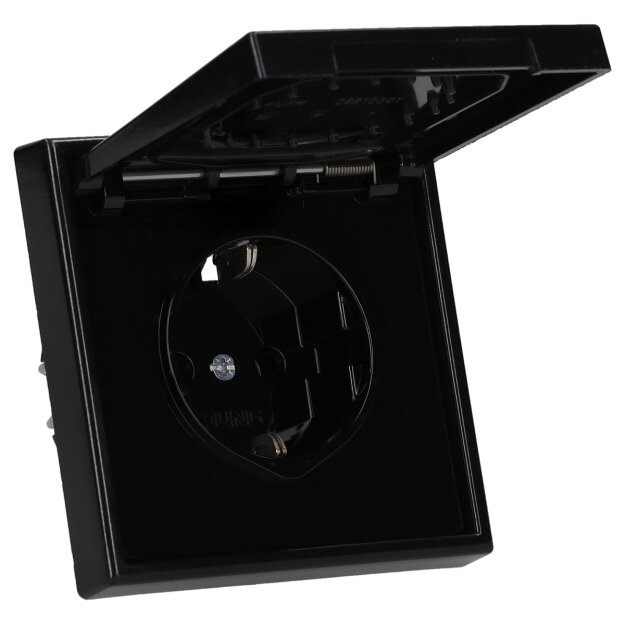 JUNG LS IP 44 Set Schwarz: LS1520KLSW SCHUKO Steckdose m.Klappdeckel + 551WU Dichtungsflansch + LS981SW Rahmen 1-fach