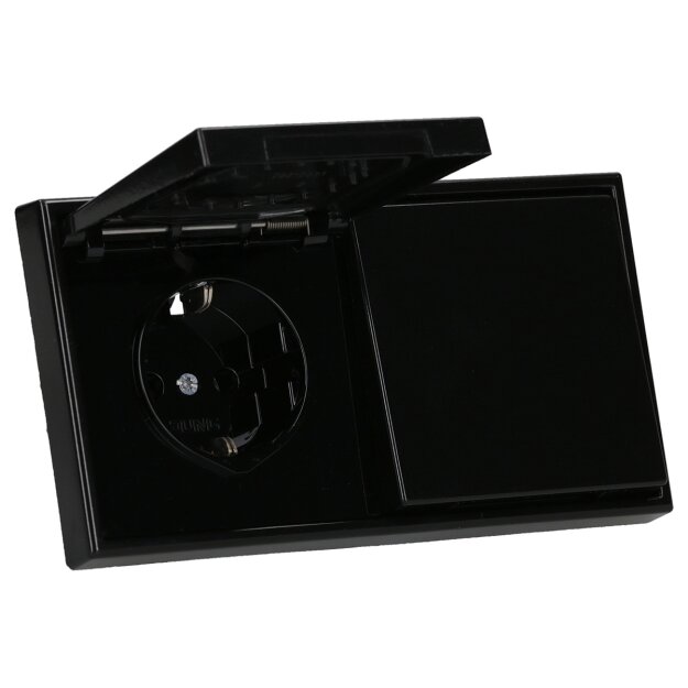 JUNG LS IP 44 Set Schwarz: 2x LS1520KLSW SCHUKO Steckdose m.Klappdeckel + 2x 551WU Dichtungsflansch + LS982SW Rahmen 2-fach
