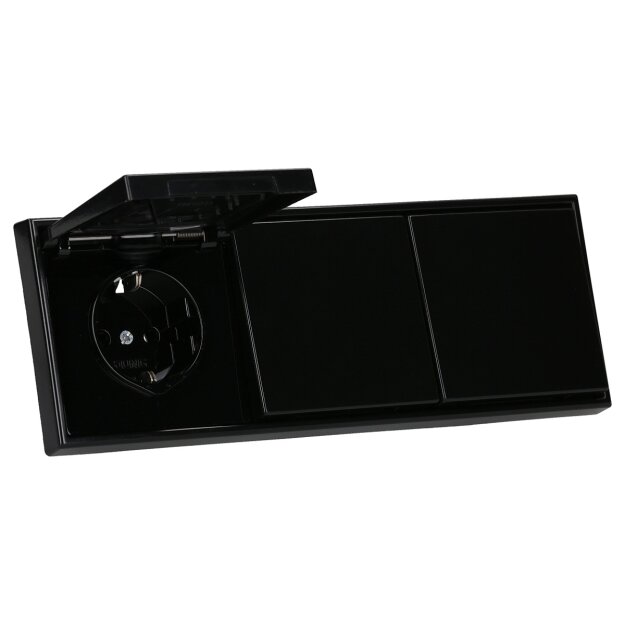 JUNG LS IP 44 Set Schwarz: 3x LS1520KLSW SCHUKO Steckdose m.Klappdeckel + 3x 551WU Dichtungsflansch + LS983SW Rahmen 3-fach