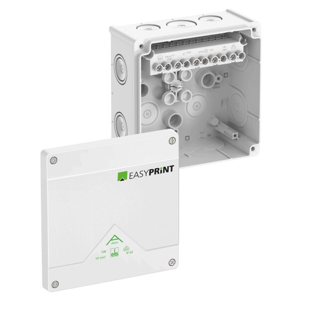 Spelsberg 810120EP Abzweigkasten Schutzart IP66 max. Leiterquerschnitt 10² Schlagfestigkeit IK07 Schutzklasse II Ui 690V AC Ui 690V DC DLG VDE halogenfrei Abox 100-10²/w EasyPrint