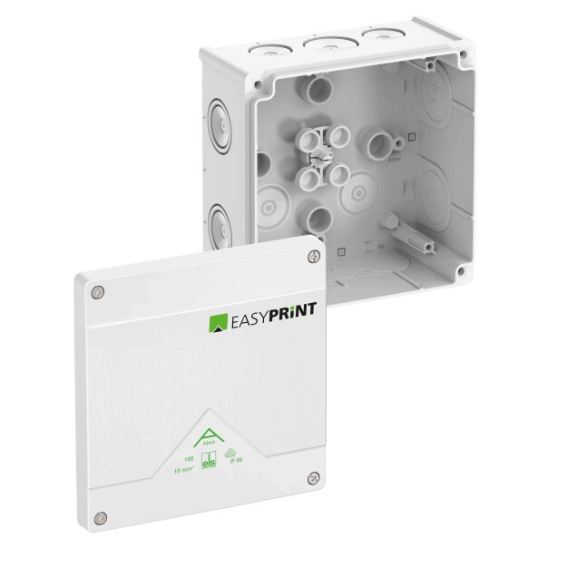 Spelsberg 810100EP Abzweigkasten Schutzart IP66 max. Leiterquerschnitt 10² Schlagfestigkeit IK07 Schutzklasse II Ui 1000V AC Ui 1000V DC DLG VDE halogenfrei Abox 100-L/w EasyPrint