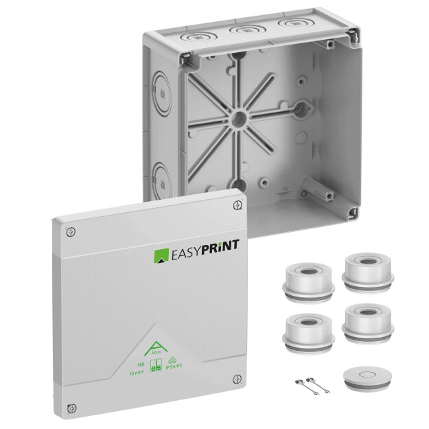 Spelsberg 816400EP Abzweigkasten Schutzart IP55/IP66 max. 16² Schlagfestigkeit IK07 Schutzklasse II Ui 1000V AC Ui 1000V DC DLG VDE halogenfrei Abox 160-L EasyPrint