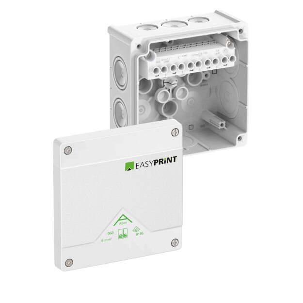 Spelsberg 806120EP Abzweigkasten Schutzart IP66 max. Leiterquerschnitt 6² Schlagfestigkeit IK07 Schutzklasse II Ui 690V AC Ui 690V DC DLG VDE halogenfrei Abox 060-6²/w EasyPrint