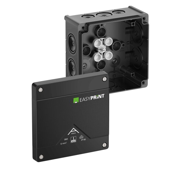 Spelsberg 806000EP Abzweigkasten Schutzart IP66 max. Leiterquerschnitt 6² Schlagfestigkeit IK07 Schutzklasse II Ui 1000V AC Ui 1000V DC DLG VDE halogenfrei Abox 060-L/sw EasyPrint