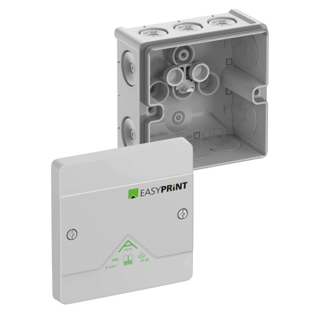 Spelsberg 804400EP Abzweigkasten Schutzart IP66 max. Leiterquerschnitt 4² Schlagfestigkeit IK07 Schutzklasse II Ui 1000V AC Ui 1000V DC DLG VDE halogenfrei Abox 040-L EasyPrint