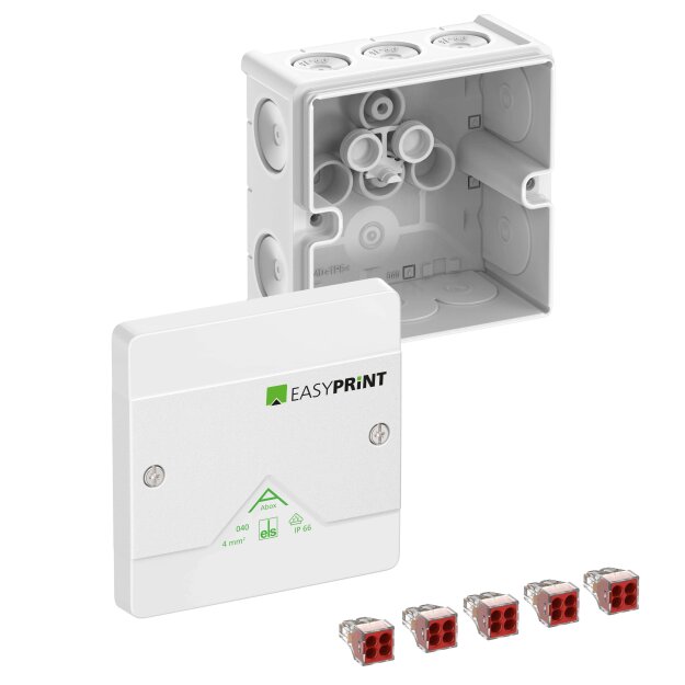 Spelsberg 804120EP Abzweigkasten Schutzart IP66 max. Leiterquerschnitt 4² Schlagfestigkeit IK07 Schutzklasse II Ui 400V AC Ui 400V DC DLG VDE halogenfrei Abox 040-4²/w EasyPrint