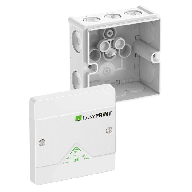 Spelsberg 804100EP Abzweigkasten Schutzart IP66 max. Leiterquerschnitt 4² Schlagfestigkeit IK07 Schutzklasse II Ui 1000V AC Ui 1000V DC DLG VDE halogenfrei Abox 040-L/w EasyPrint