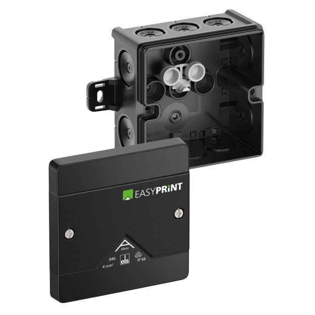 Spelsberg 804001EP Abzweigkasten Schutzart IP66 max. Leiterquerschnitt 4² Schlagfestigkeit IK07 Schutzklasse II Ui 1000V AC Ui 1000V DC DLG VDE halogenfrei Abox 040 AB-L/sw EasyPrint