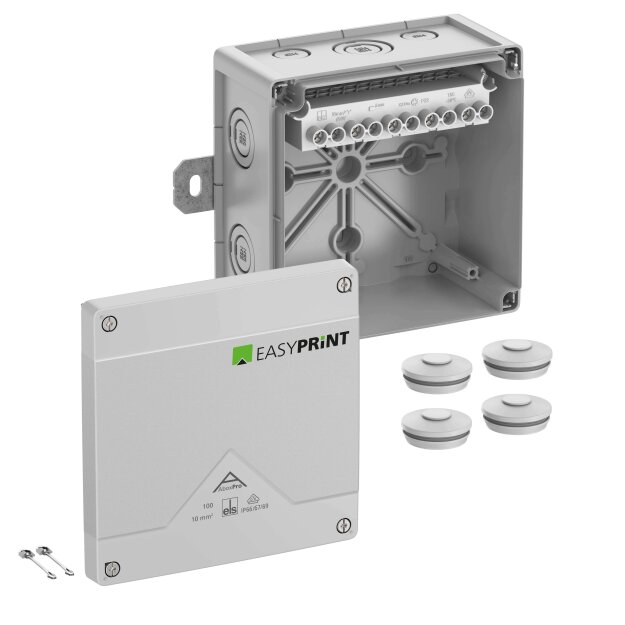 Spelsberg 410421EP Abzweigkasten Schutzart IP66/IP67/IP69 max. 10² Schlagfestigkeit IK09 Schutzklasse II Ui 690V AC Ui 690V DC DLG DNV VDE halogenfrei Abox Pro 100 AB-10² EasyPrint