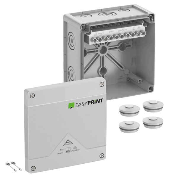 Spelsberg 410420EP Abzweigkasten Schutzart IP66/IP67/IP69 max. 10² Schlagfestigkeit IK09 Schutzklasse II Ui 690V AC Ui 690V DC DLG DNV VDE halogenfrei Abox Pro 100-10² EasyPrint
