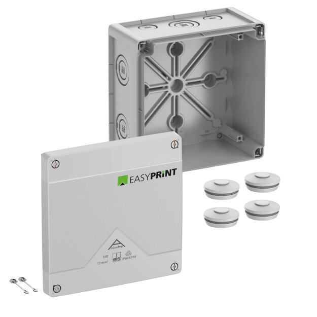 Spelsberg 410400EP Abzweigkasten Schutzart IP66/IP67/IP69 max. 10² Schlagfestigkeit IK09 Schutzklasse II Ui 1000V AC Ui 1000V DC DLG DNV VDE halogenfrei Abox Pro 100-L EasyPrint