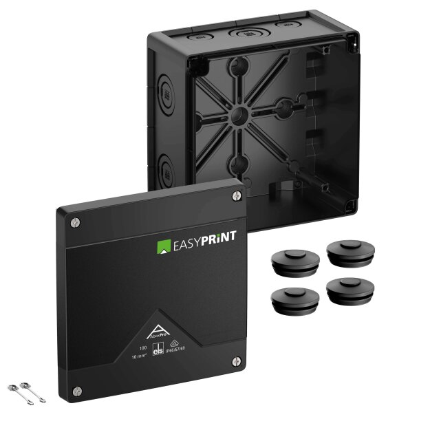 Spelsberg 410000EP Abzweigkasten Schutzart IP66/IP67/IP69 max. 10² Schlagfestigkeit IK09 Schutzklasse II Ui 1000V AC Ui 1000V DC DLG DNV VDE halogenfrei Abox Pro 100-L/sw EasyPrint