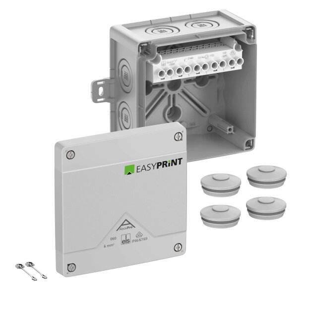 Spelsberg 406421EP Abzweigkasten Schutzart IP66/IP67/IP69 max. 6² Schlagfestigkeit IK09 Schutzklasse II Ui 690V AC Ui 690V DC DLG DNV VDE halogenfrei Abox Pro 060 AB-6² EasyPrint