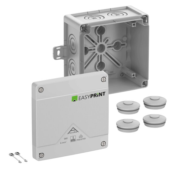 Spelsberg 406401EP Abzweigkasten Schutzart IP66/IP67/IP69 max. 6² Schlagfestigkeit IK09 Schutzklasse II Ui 1000V AC Ui 1000V DC DLG DNV VDE halogenfrei Abox Pro 060 AB-L EasyPrint