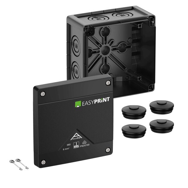 Spelsberg 406000EP Abzweigkasten Schutzart IP66/IP67/IP69 max. 6² Schlagfestigkeit IK09 Schutzklasse II Ui 1000V AC Ui 1000V DC DNV VDE halogenfrei Abox Pro 060-L/sw EasyPrint