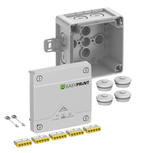 Spelsberg 402421EP Abzweigkasten Schutzart IP66/IP67/IP69 max. 2,5² Schlagfestigkeit IK09 Schutzklasse II Ui 450V AC Ui 450V DC DNV VDE halogenfrei Abox Pro 025 AB-2,5² EasyPrint