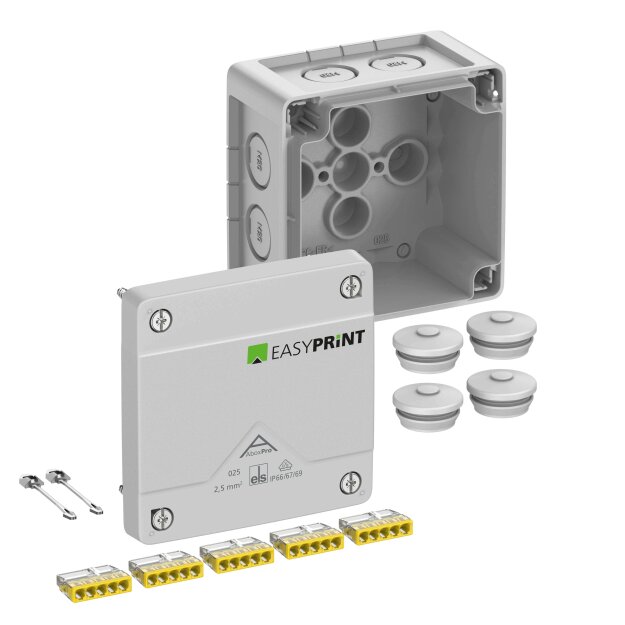Spelsberg 402420EP Abzweigkasten Schutzart IP66/IP67/IP69 max. 2,5² Schlagfestigkeit IK09 Schutzklasse II Ui 450V AC Ui 450V DC DLG DNV VDE halogenfrei Abox Pro 025-2,5² EasyPrint
