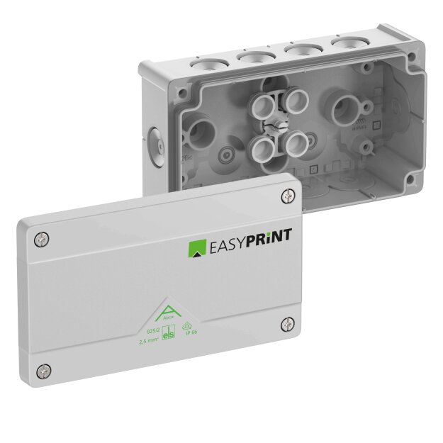 Spelsberg 802402EP Abzweigkasten Schutzart IP66 max. Leiterquerschnitt 2,5² Schlagfestigkeit IK07 Schutzklasse II Ui 1000V AC Ui 1000V DC DLG VDE halogenfrei Abox 025/2-L EasyPrint