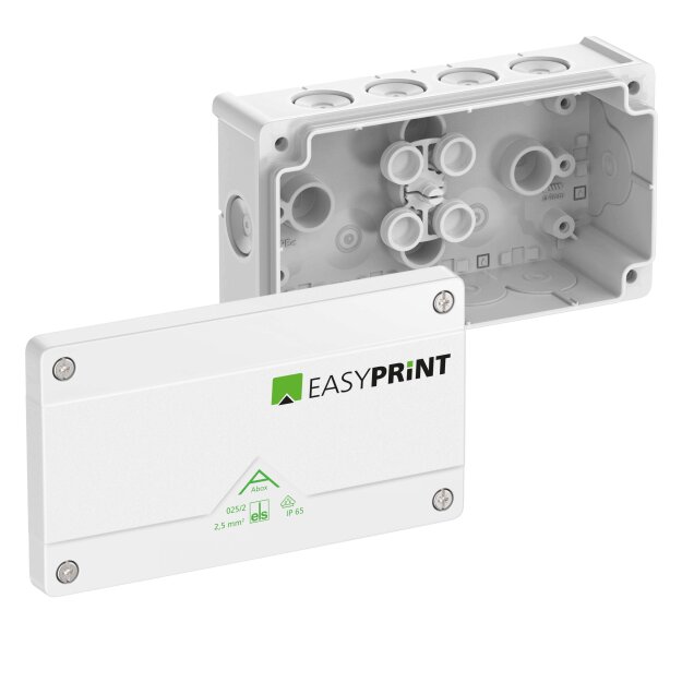 Spelsberg 802102EP Abzweigkasten Schutzart IP66 max. Leiterquerschnitt 2,5² Schlagfestigkeit IK07 Schutzklasse II Ui 1000V AC Ui 1000V DC DLG VDE halogenfrei Abox 025/2-L/w EasyPrint