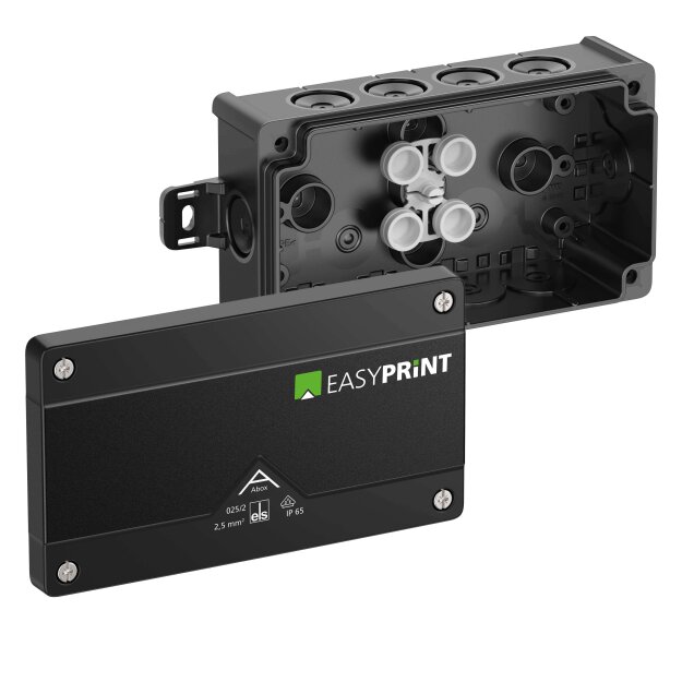 Spelsberg 802003EP Abzweigkasten Schutzart IP66 max. Leiterquerschnitt 2,5² Schlagfestigkeit IK07 Schutzklasse II Ui 1000V AC Ui 1000V DC DLG VDE halogenfrei Abox 025/2 AB-L/sw EasyPrint