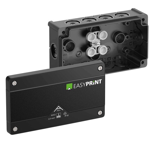 Spelsberg 802002EP Abzweigkasten Schutzart IP66 max. Leiterquerschnitt 2,5² Schlagfestigkeit IK07 Schutzklasse II Ui 1000V AC Ui 1000V DC DLG VDE halogenfrei Abox 025/2-L/sw EasyPrint