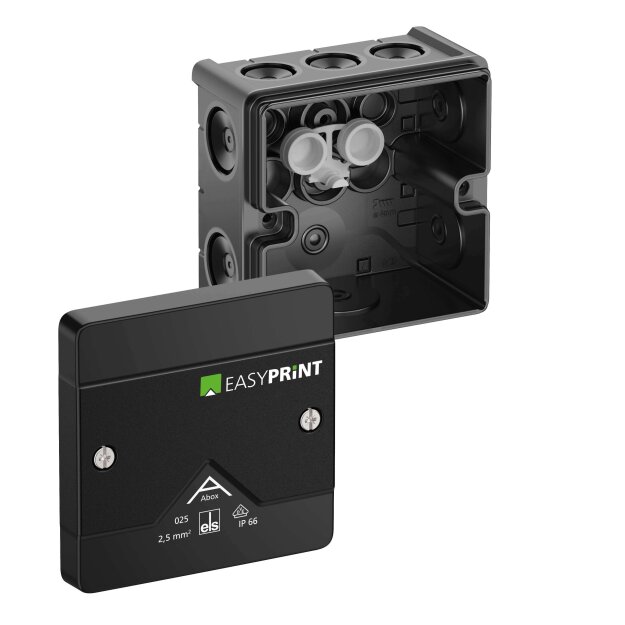 Spelsberg 802000EP Abzweigkasten Schutzart IP66 max. Leiterquerschnitt 2,5² Schlagfestigkeit IK07 Schutzklasse II Ui 1000V AC Ui 1000V DC DLG VDE halogenfrei Abox 025-L/sw EasyPrint