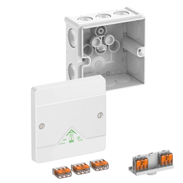 Spelsberg 80417001 Abzweigkasten Schutzart IP66 max. Leiterquerschnitt 4² Schlagfestigkeit IK07 Schutzklasse II Ui 450V AC Ui 450V DC DLG VDE halogenfrei Abox SLK-4²/w