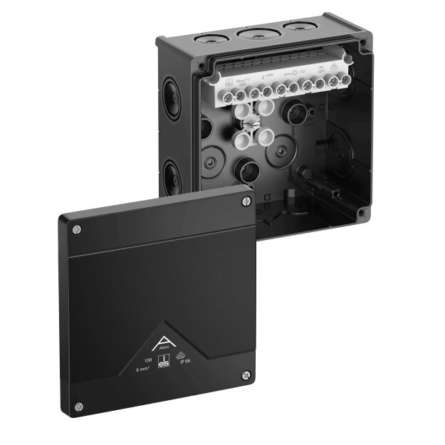 Spelsberg 81002001 Abzweigkasten Schutzart IP66 max. Leiterquerschnitt 10² Schlagfestigkeit IK07 Schutzklasse II Ui 690V AC Ui 690V DC DLG VDE halogenfrei Abox 100-10²/sw