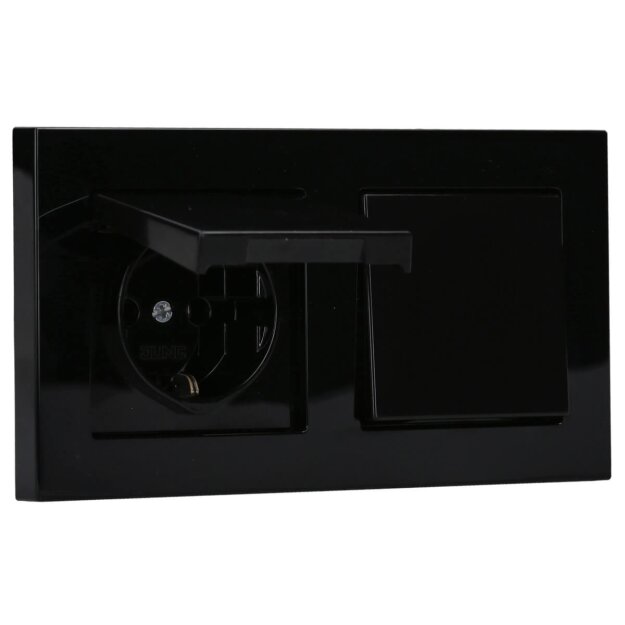 JUNG A IP 44 Set Schwarz: 2x A1520KLSW SCHUKO Steckdose mit Klappdeckel + 2x 551WU Dichtungsflansch + A5582BFSW 2-fach Rahmen