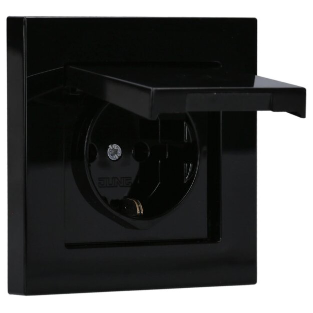 JUNG A IP 44 Set Schwarz: A1520KLSW SCHUKO Steckdose mit Klappdeckel + 551WU Dichtungsflansch + A5581BFSW 1-fach Rahmen