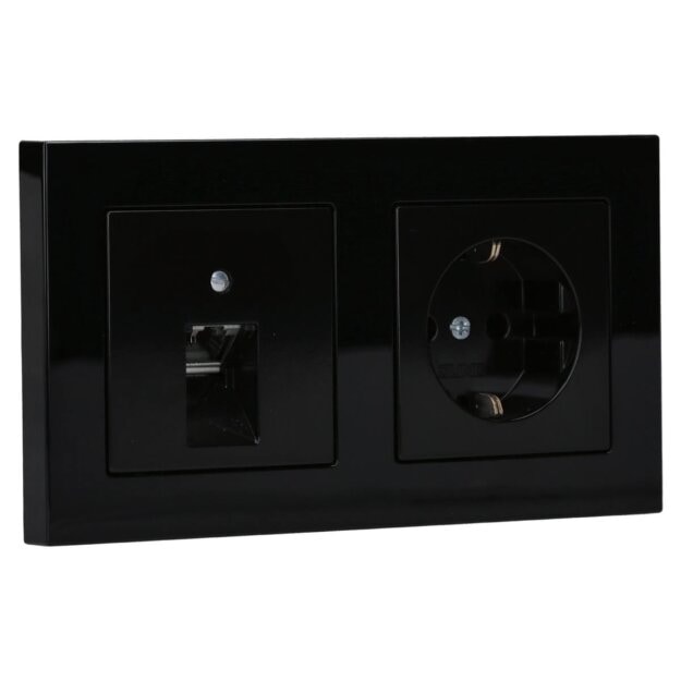 Jung Serie A Komplett-Set Schwarz: Cat.6A iso-Anschlussdose UAE-Cat.6A iso-8 Up 0 + A569-1PLUASW Abdeckung + A1520SW SCHUKO Steckdose + A5582BFSW Rahmen 2-fach