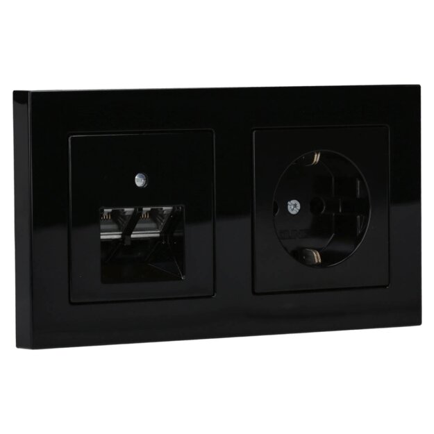 Jung Serie A Komplett-Set Schwarz: Cat.6A iso-Anschlussdose UAE-Cat.6A iso-8/8 Up 0 + A569-2BFPLUASW Abdeckung + A1520SW SCHUKO Steckdose + A5582BFSW Rahmen 2-fach