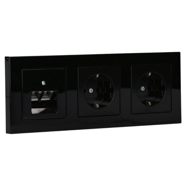 Jung Serie A Komplett-Set Schwarz: Cat.6A iso-Anschlussdose UAE-Cat.6A iso-8/8 Up 0 + A569-2BFPLUASW Abdeckung + 2x A1520SW SCHUKO Steckdose + A5583BFSW Rahmen 3-fach