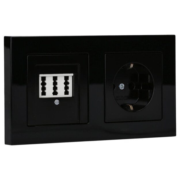 Jung Serie A Komplett-Set Schwarz: TAE-Anschlussdose TAE 3x6 NFN Up 0 rw + A569PLTSW Abdeckung f. TAE-Anschlussdose + A1520SW SCHUKO Steckdose + A5582BFSW Rahmen 2-fach
