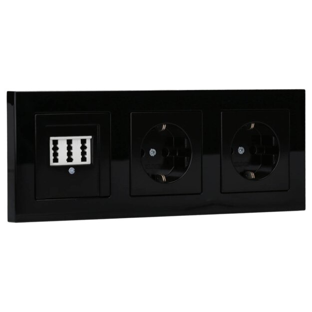 Jung Serie A Komplett-Set Schwarz: TAE-Anschlussdose TAE 3x6 NFN Up 0 rw + A569PLTSW Abdeckung f. TAE-Anschlussdose + 2x A1520SW SCHUKO Steckdose + A5583BFSW Rahmen 3-fach