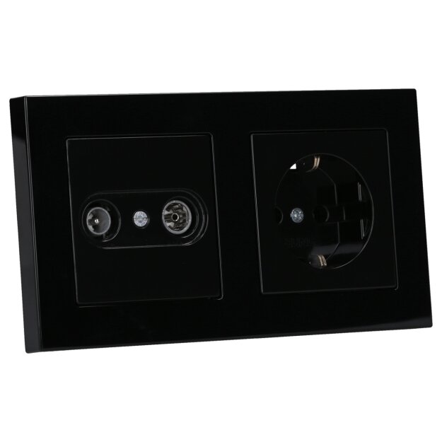Jung Serie A Komplett-Set Schwarz: Antennensteckdose EDU 04 F + A561PLTVSW Abdeckung f. Antennen-Steckdose + A1520SW SCHUKO Steckdose + A5582BFSW Rahmen 2-fach