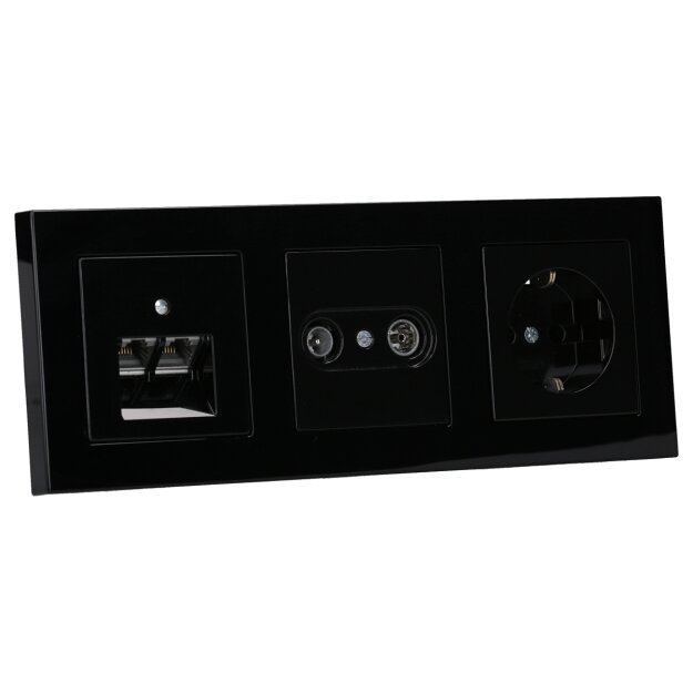 Jung Serie A Set Schwarz:  Antennensteckdose EDU 04 F + A561PLTVSW Abdeckung + Cat.6A iso-Anschlussdose iso-8/8 Up 0 + A569-2BFPLUASW Abdeckung + A1520SW Steckdose + A5583BFSW Rahmen 3-fach