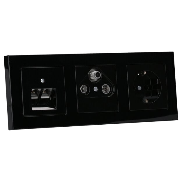 Jung Serie A Komplett-Set Schwarz: Triax EDA 302 F Antennendose 3-Loch + A561PLSATSW Abdeckung + Cat.6A iso-Anschlussdose iso-8/8 Up 0 + A569-2BFPLUASW Abdeckung + A1520SW Steckdose + A5583BFSW Rahmen 3-fach