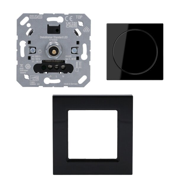 Jung Serie A Komplett-Set Schwarz: 1730DD Drehdimmer Standard LED + A1740SW Abdeckung mit Drehknopf + A5581BFSW Rahmen 1-fach