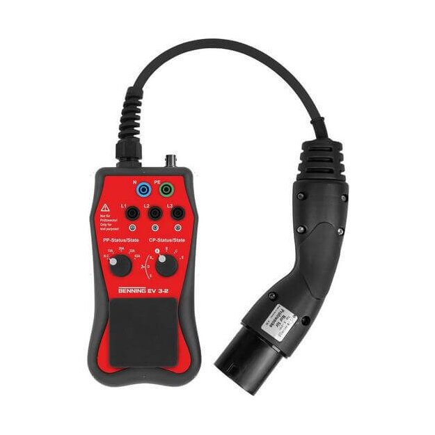 BENNING 44169 Messadapter mit Typ‑2‑Stecker zur Simulation von Fahrzeugzuständen (A–E) PP/CP‑Prüfung 1‑/3‑phasen‑Tests und BNC‑CP‑Ausgang für Oszilloskop EV 3-2