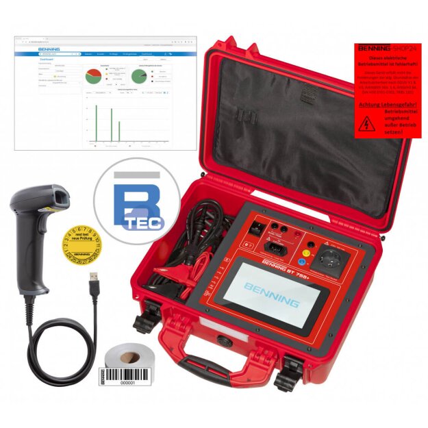 BENNING 10238249 Mobiler Gerätetester für elektrische und medizinische Geräte sowie mobile RCDs Prüfungen nach DGUV V3/BetrSichV DIN EN 50678/50699/62353 7‑Zoll-Touchdisplay 24 Vorlagen ST 75