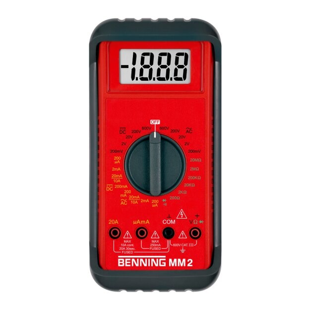 BENNING 44028 Robustes MM 2 Multimeter: AC/DC bis 600 V Ströme bis 20 A Widerstand bis 20 MΩ akustische Durchgangs-/Diodenprüfung CAT III 600 V inkl Zubehör MM 2