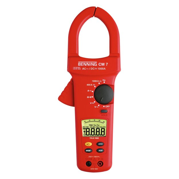 BENNING 44059 True-RMS-Stromzange CM 7: 1000 A AC/DC 53 mm Zangenöffnung bis 750 V AC/1000 V DC Widerstand bis 400 Ω 20–400 Hz CAT IV 600 V CM 7