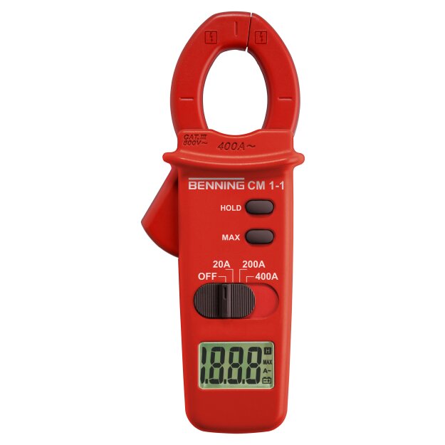 BENNING 44061 CM 1-1: Digitale Stromzange 10 mA–400 A AC 3½-stellige Anzeige (2000) 30 mm Zangenöffnung HOLD/MAX manuelle Bereiche CAT III 600 V inkl Tasche & Batterien CM 1-1