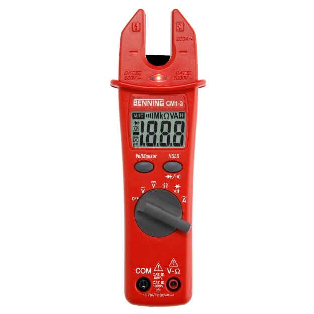 BENNING 44063 CM 1-3: Digitale Stromzange 0,1 A–200 A AC 0,1 V–750 V AC / 1000 V DC Widerstand 0,1 Ω–20 MΩ Zangenöffnung 16 mm CAT IV 600 V schlankes Gabelformat CM 1-3