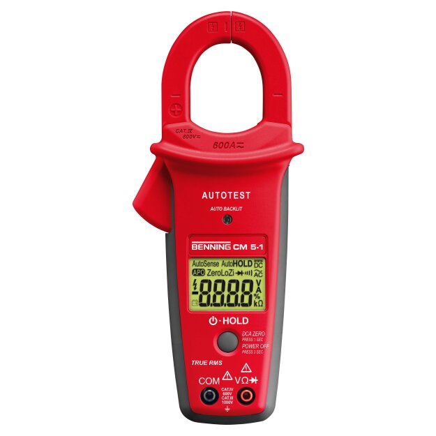 BENNING 44066 True RMS Stromzange für AC/DC bis 600 A 35 mm Zangenöffnung Auto-Range LoZ-Spannungsmessung Durchgang/Diodenprüfung beleuchtetes Display CAT IV 600 V CM 5-1