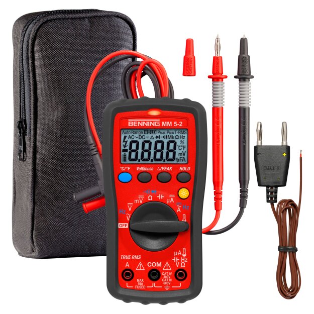 BENNING 44071 MM 5-2 True RMS-Multimeter: 600 V/10 A Temperatur −40…400 °C Durchgang/Diodentest 6000-count beleuchtetes LCD CAT IV 300 V / CAT III 600 V inkl Zubehör MM 5-2