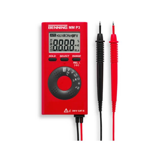 BENNING 44084 Kompaktes MM P3 Multimeter (130 g 132×86×19 mm) Misst 0,1 mV–300 V 0,1 Ω–40 MΩ 10 pF–100 µF 5 mHz–5 MHz Durchgang/Dioden CAT III 300 V MM P3