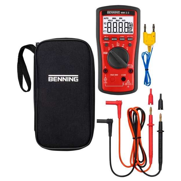 BENNING 44693 True RMS Multimeter für Industrie und Service: 0,01 mV–600 V 1 mA–10 A R bis 60 MΩ Temperatur −40–400 °C beleuchtetes 4-stelliges Display CAT IV 300 V / CAT III 600 V MM 2-3