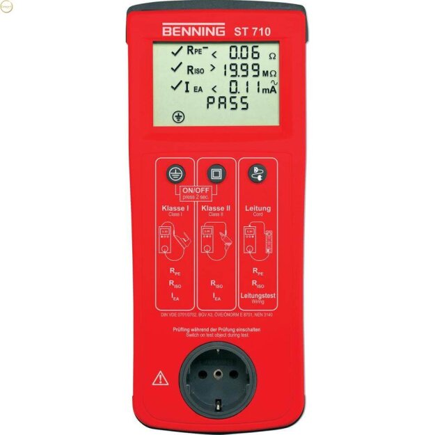 BENNING 50308 Batteriebetriebener Gerätetester für VDE 0701/0702 (DIN EN 50678/50699) Schnelle mobile Prüfungen: Isolationswiderstand 0,1–20 MΩ Schutzleiter 0,05–20 Ω automatische Abläufe ST 710